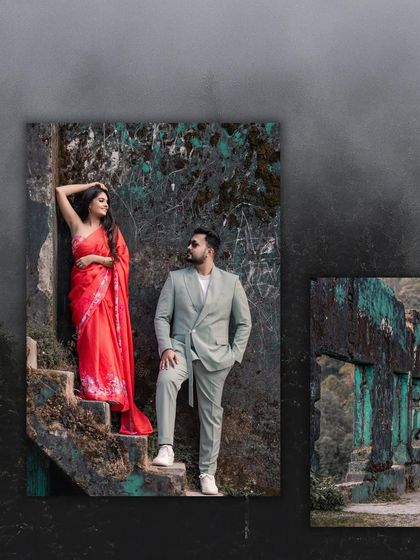 A collage featuring the couple against the backdrop of old, mossy ruins. The bride's vibrant red saree provides a stunning pop of color against the rustic, natural setting.