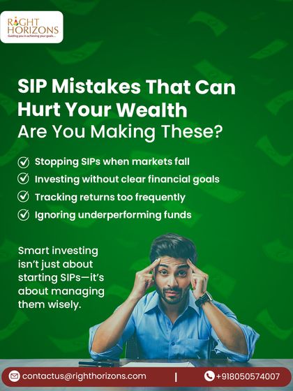 Are you making these common SIP mistakes? This infographic highlights critical errors like stopping SIPs during market falls or investing without clear goals, emphasizing that smart investing is about managing SIPs wisely.