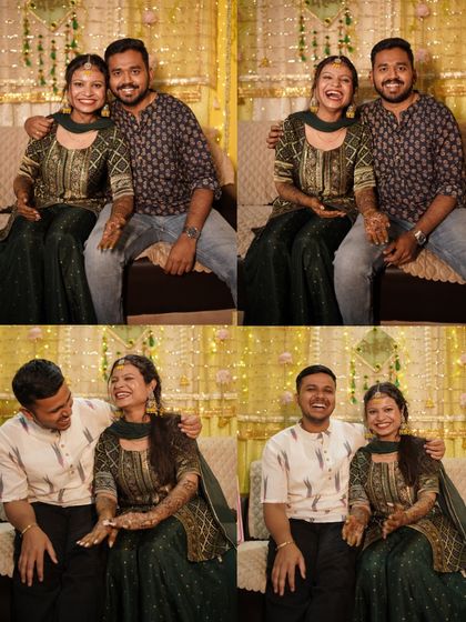 A collage showing the bride's interactions during her Mehendi. From laughing with her partner to sharing a moment with her brother, these photos document the different relationships and emotions that fill the room.
