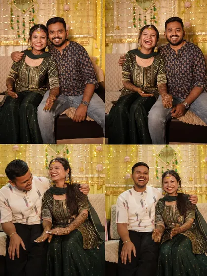 These collages are perfect for showing the range of emotions in just one frame. Here, you can see the bride's infectious laughter with her partner and family. These are the unscripted, happy memories that make a mehendi ceremony so special.