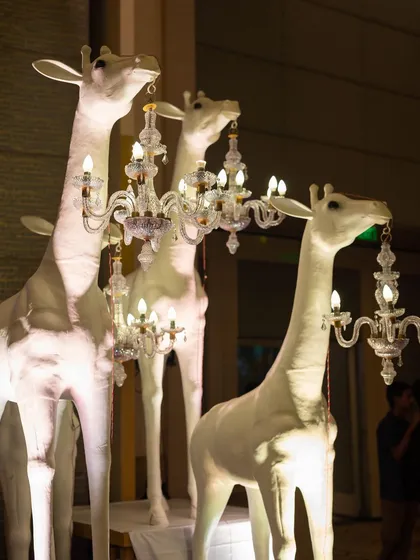 A touch of whimsical elegance for a tropical-themed Sangeet. These custom giraffe sculptures holding crystal chandeliers were a playful yet sophisticated decor element that guests absolutely loved.