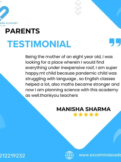 A parent review from Manisha Sharma expressing her satisfaction with our academy, which helped her child strengthen English and Maths skills and provided a comprehensive learning solution.