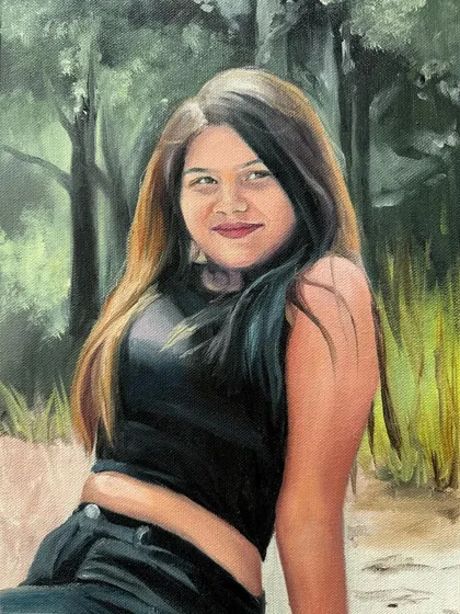 A modern portrait of a young woman, painted from a casual photo. I can turn any of your favorite pictures into a work of art.