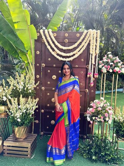 Another stunning photo of my client in the vibrant 3D crepe saree. She truly owned the look.