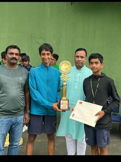 Another shot of the doubles winners at the Karnataka regional school games prize distribution ceremony.
