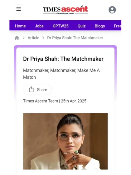The Times of India, Etimes, and Times Ascent have chronicled my journey extensively, from receiving the Inspiring Entrepreneur Award to being ranked among the world's top 3 elite matchmakers. These articles detail my philosophy of creating 'organic connections' and building a heritage institution for arranged love marriages.