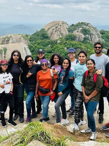 The whole crew at the top of Savandurga Hills. These bike treks are a perfect way to challenge yourself and bond with fellow riders.