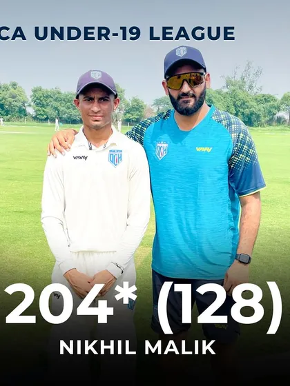 A graphic highlighting Nikhil Malik's destructive 204 not out. This is the kind of power-hitting we nurture.