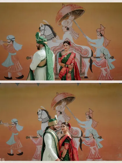 Two poses against a vibrant, traditional mural. These shots show our direction in creating both a formal portrait and a more intimate moment, using the unique backdrop to enhance the cultural theme.