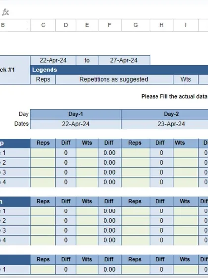 A closer look at my weekly workout plan template. It's broken down by day and includes sections for warm-up, strength, and cardio. Structure is essential for progress.