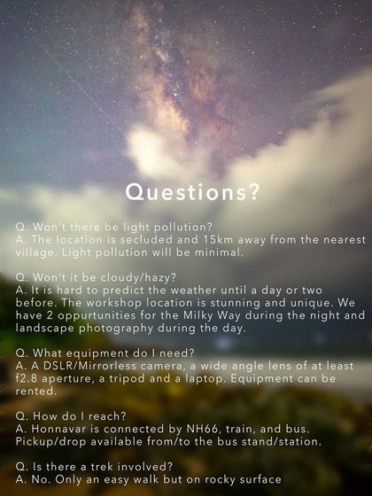 A Q&A graphic for my astrophotography workshop in Honnavar. I cover everything from gear requirements to travel logistics, ensuring everyone is well prepared for the adventure.