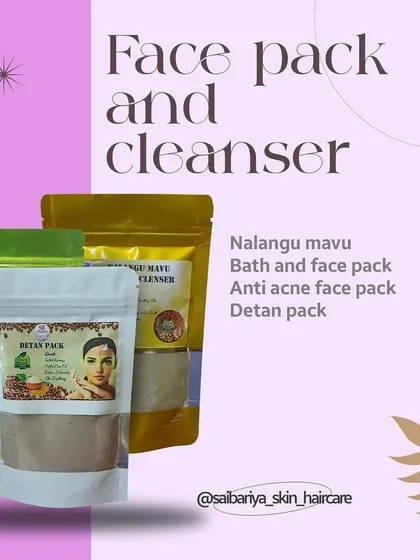 My range of face packs and cleansers, including the traditional Nalangumavu, Anti-Acne Face Pack, and Detan Pack. All are made with pure, natural ingredients.