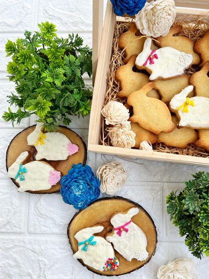Our Easter Bunny Cookies, beautifully packaged and ready for gifting. They are a fun and delicious way to celebrate the spring season.