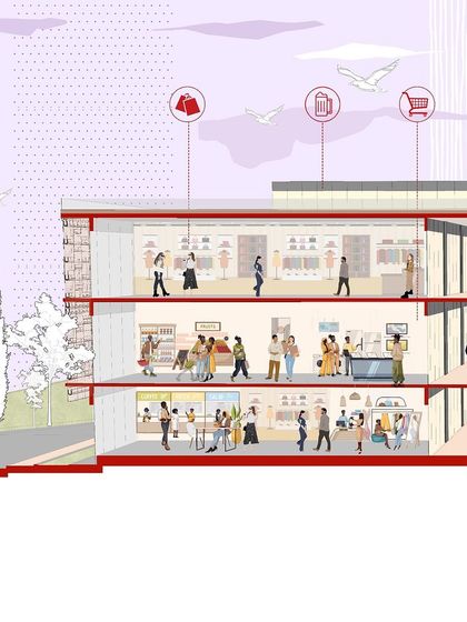 A closer view of the retail plaza concept, showing how different levels for shopping, dining, and leisure are interconnected. The design encourages exploration and interaction within a green, nature-infused environment.