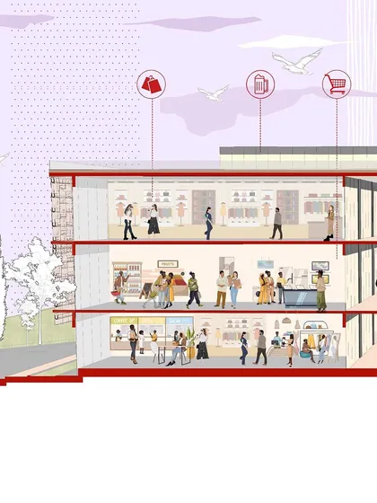 A detailed section of the retail plaza, showing the flow of people through different levels of shopping and dining. The design encourages movement and interaction, creating a vibrant and social commercial environment.
