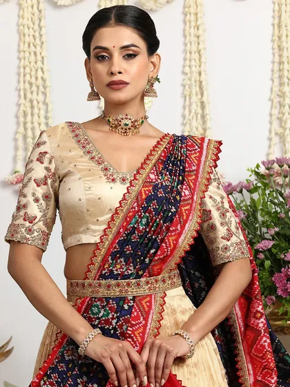 A close-up of the blouse and dupatta, showing the beautiful craftsmanship and the luxurious feel of the fabrics.