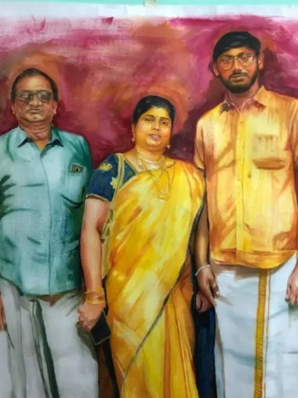 A family portrait in traditional South Indian attire. The vibrant colors of the sarees and the formal poses give this oil painting a classic, dignified feel.