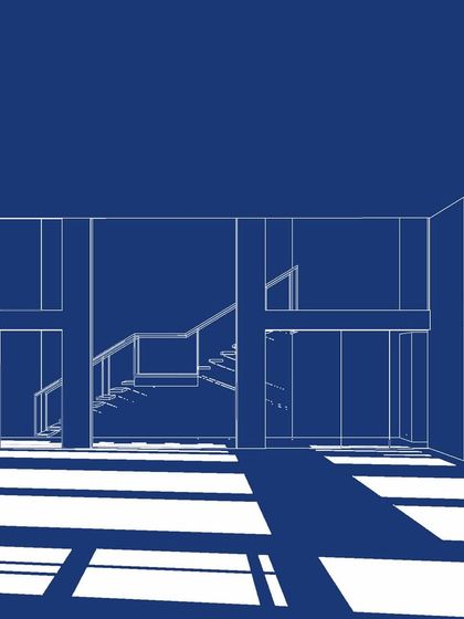 A blueprint-style illustration of the interior of our Blue Sea project, showcasing the spatial relationships and light study.