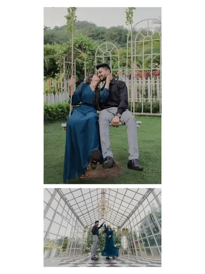 A collage showing two different playful moments from an outdoor pre-wedding shoot. One on a swing and another dancing in a beautiful glasshouse, showcasing fun and romance.