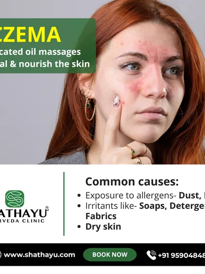 For Eczema, we use medicated oil massages to heal and nourish the skin. We also help identify and manage common causes like allergens, irritants, and dry skin to provide lasting relief from flare-ups.