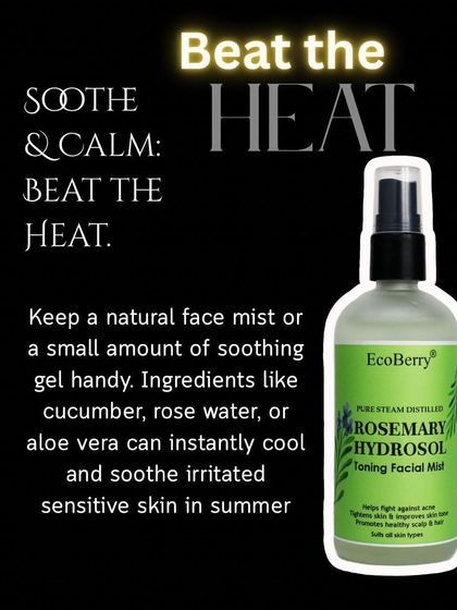 Beat the heat by keeping a natural face mist handy. My Rosemary Hydrosol can instantly cool and soothe irritated skin in the summer.