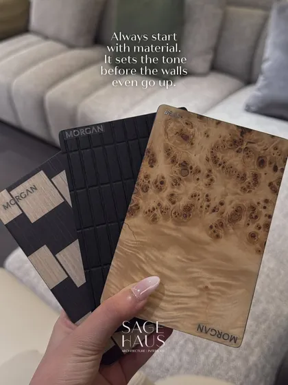 The design process always starts with materials. These samples of burled wood and textured veneers set the tone for a project before the walls even go up, establishing a foundation of quality and tactile richness.