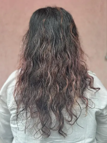 The 'before' shot for this purple and pink transformation, showing the hair before we worked our magic.