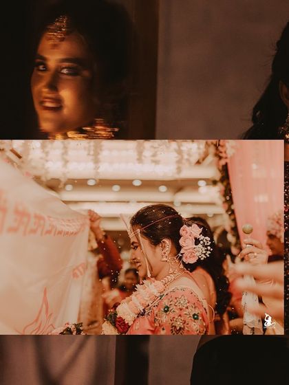 An artistic collage that captures the bride's portraits and a key moment from the wedding ceremony.