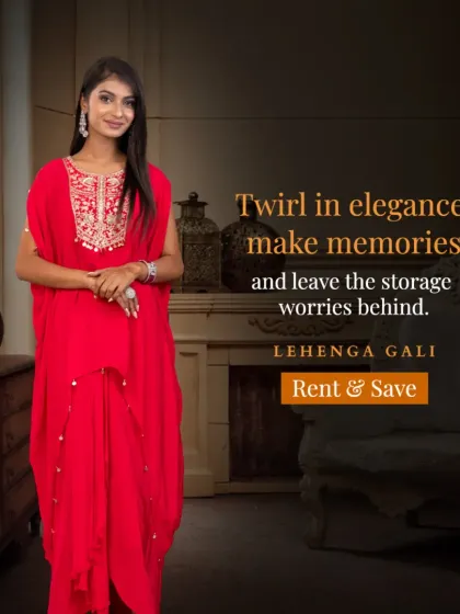 Twirl in elegance and leave the storage worries behind. This vibrant red draped outfit is a comfortable and stylish choice for any celebration.