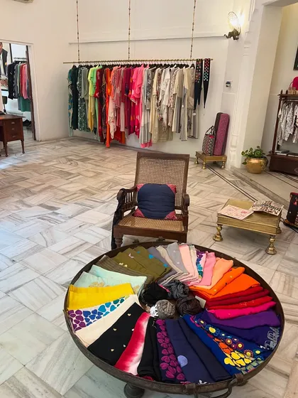 Inside a lovely boutique in Jaipur. I love discovering stores that house pieces from local designers and offer unique, hand-embroidered finds.