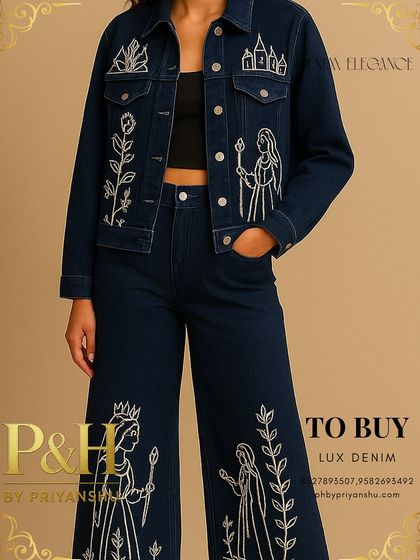 A detailed view of the story-embroidered denim set, focusing on the jacket embroidery and the top of the wide-leg pants.