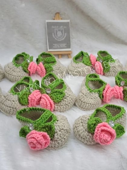 A large order of my rose-adorned Mary Jane booties, made in a lovely beige and green combination with a pink rose.