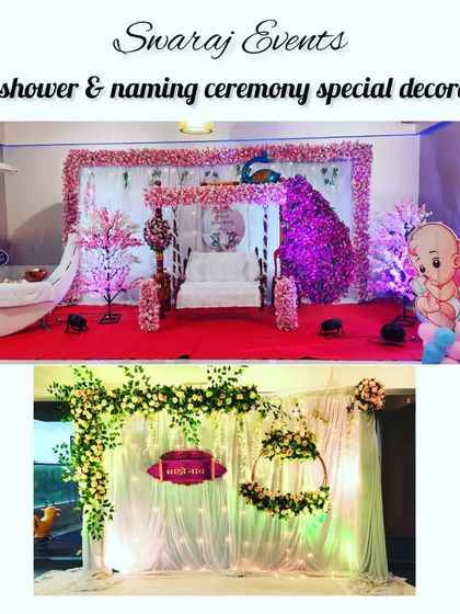 A collage showcasing two of our popular decoration styles for baby showers and naming ceremonies, one with a peacock theme and the other with a simple floral swing.