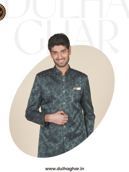 An elegant dark green printed Indo-Western jacket, a great choice for a Mehendi or Sangeet.