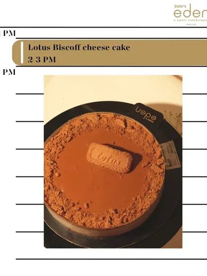 It's always time for Lotus Biscoff cheesecake. A full view of our popular cake, ready to be sliced and served.