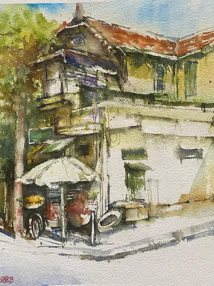 A watercolor painting of a vintage house with old-world charm. Capturing the character of these buildings, with their unique architecture and stories, is a subject very close to my heart.