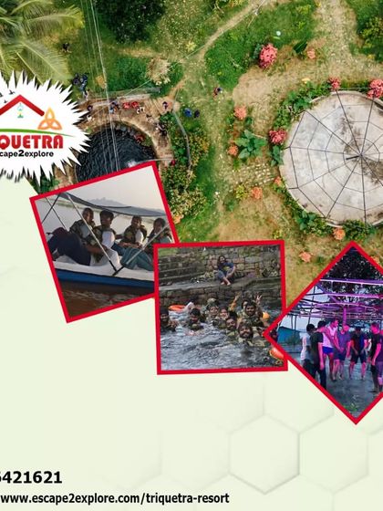 A collage showing the best of Triquetra from above, including the well, rain dance, and boating activities.