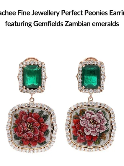 Inspired by the timeless beauty of Japanese Hokusai art, these Perfect Peonies earrings feature stunning Gemfields Zambian emeralds. The micromosaic peonies are framed in 18k rose gold and diamonds, blending heritage with modern elegance.