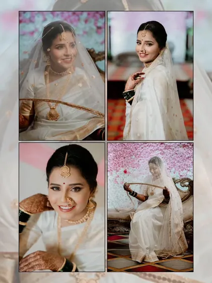 A collage showcasing the many moods of the beautiful bride, Sayali. From playful to serene, these portraits capture the different facets of her personality on her wedding day.