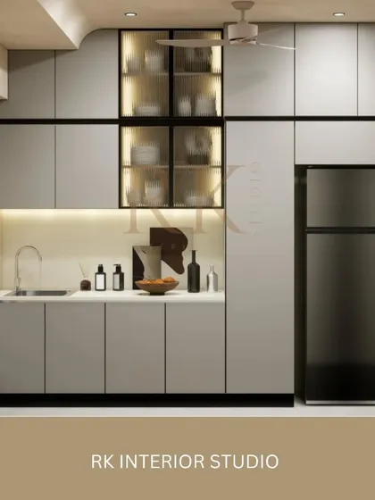 Another angle of the compact kitchen render, showing the sink area and refrigerator placement. The neutral grey cabinets and under-cabinet lighting create a clean and modern feel.