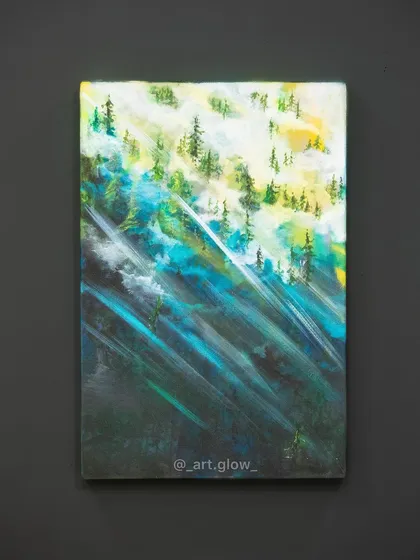 Titled "~ रफ़्तार ~" (Speed/Momentum), this acrylic painting on a 20 by 24-inch canvas captures the dynamic beauty of light filtering through a misty mountain forest. It's a piece about movement and nature.