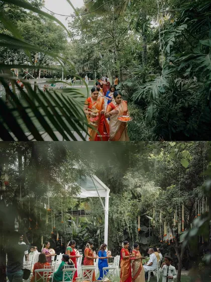 I have had the honor of hosting many beautiful South Indian weddings. The lush greenery and traditional decor elements, like floral arrangements and brass lamps, create an authentic and sacred atmosphere for the ceremony.
