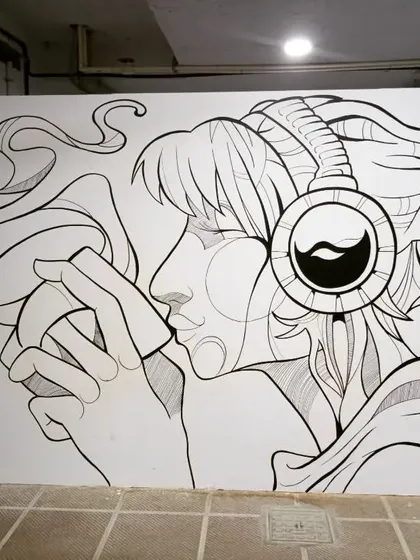 The beginning of a large graphic wall art for a cafe. This is the initial black and white line drawing, done completely freehand.