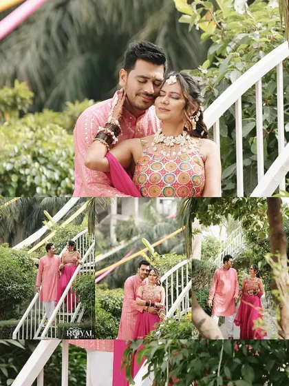 A collage of a couple's tender moments during their Haldi celebration, set in a lush garden.