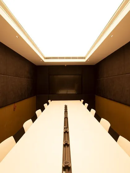 This conference room features a Barrisol stretched ceiling, which I specified to create a perfect, shadow-free plane of light. This solution is ideal for video conferencing and meetings, providing high-quality, glare-free illumination across the entire table.