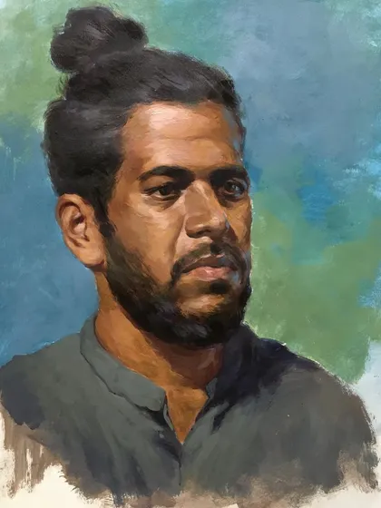 This acrylic portrait, titled "कोळी," was painted from a live model. It's an example of my bolder, more direct approach, focusing on expression and character through strong colours and brushstrokes.