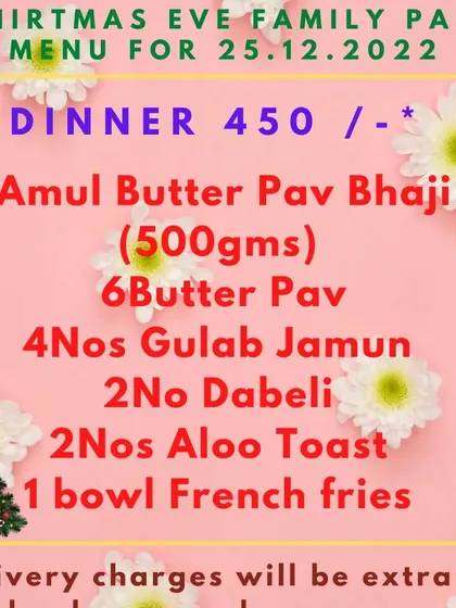 For special occasions, I create family-sized combo packs that provide a complete meal solution. This was my Christmas Eve Family Pack, which included Amul Butter Pav Bhaji, Gulab Jamun, Dabeli, Aloo Toast, and French fries.