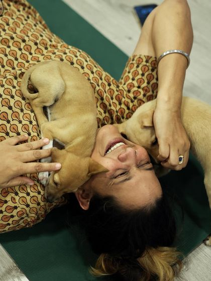Pure bliss. A participant lies on her back, laughing as two puppies snuggle and kiss her face.