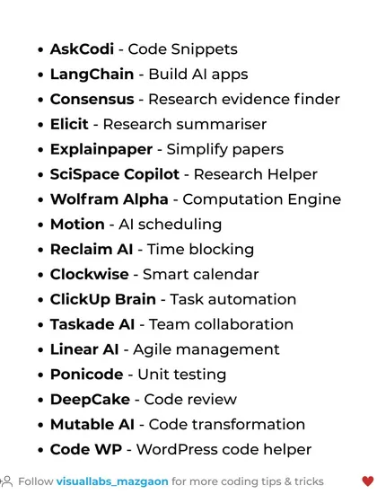 Another section of my AI tools list, featuring LangChain for building AI apps, Wolfram Alpha for computation, and DeepCake for code review.