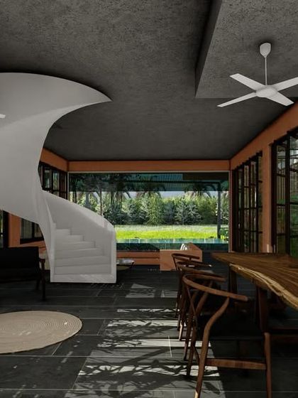A design render for the Corgao Villa's interior, featuring a sculptural spiral staircase. The design combines modern forms with natural materials like wood and stone.